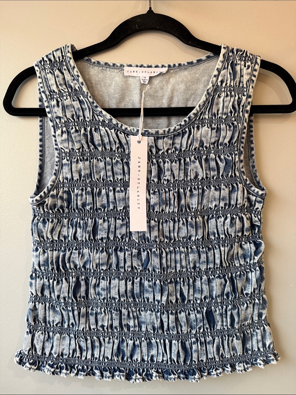 Jane and Delancey Blue Smocked Tank Top acid wash look cotton 80’s